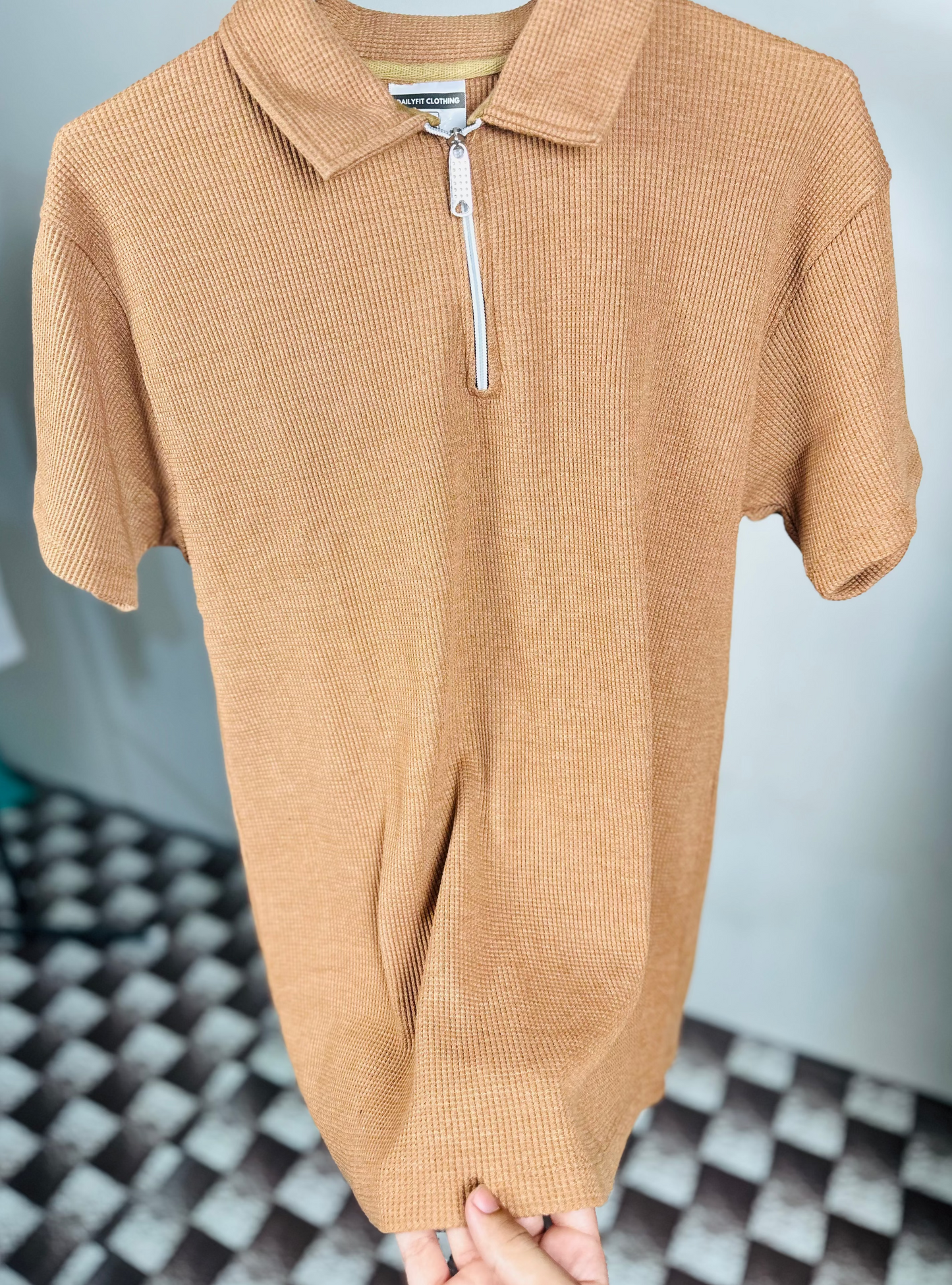 Brown Waffle Knit Zipper Polo Shirt