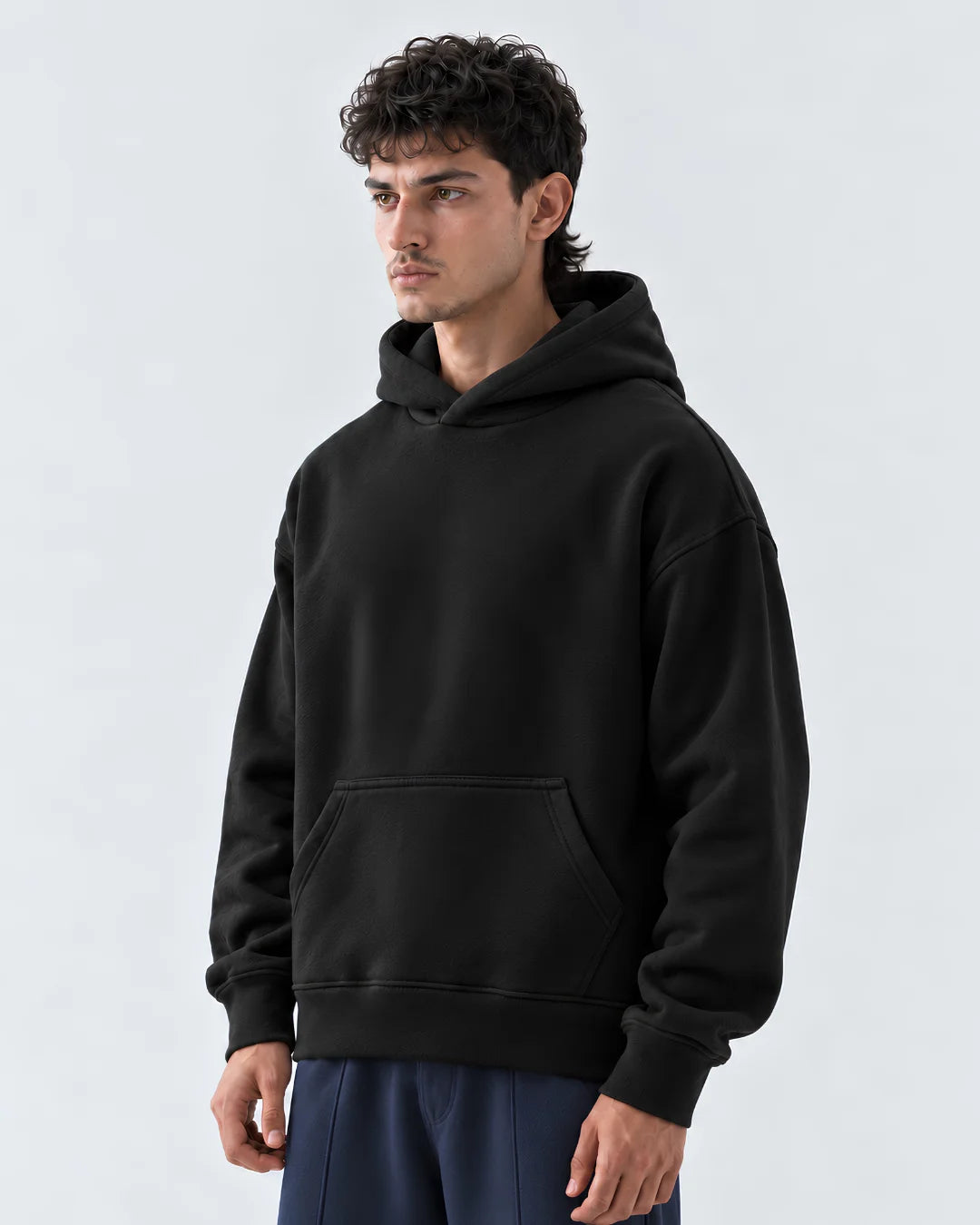 Black Boxy Fleece Hoodie