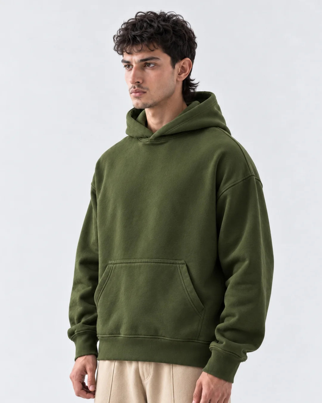 Olive Green Boxy Fleece Hoodie