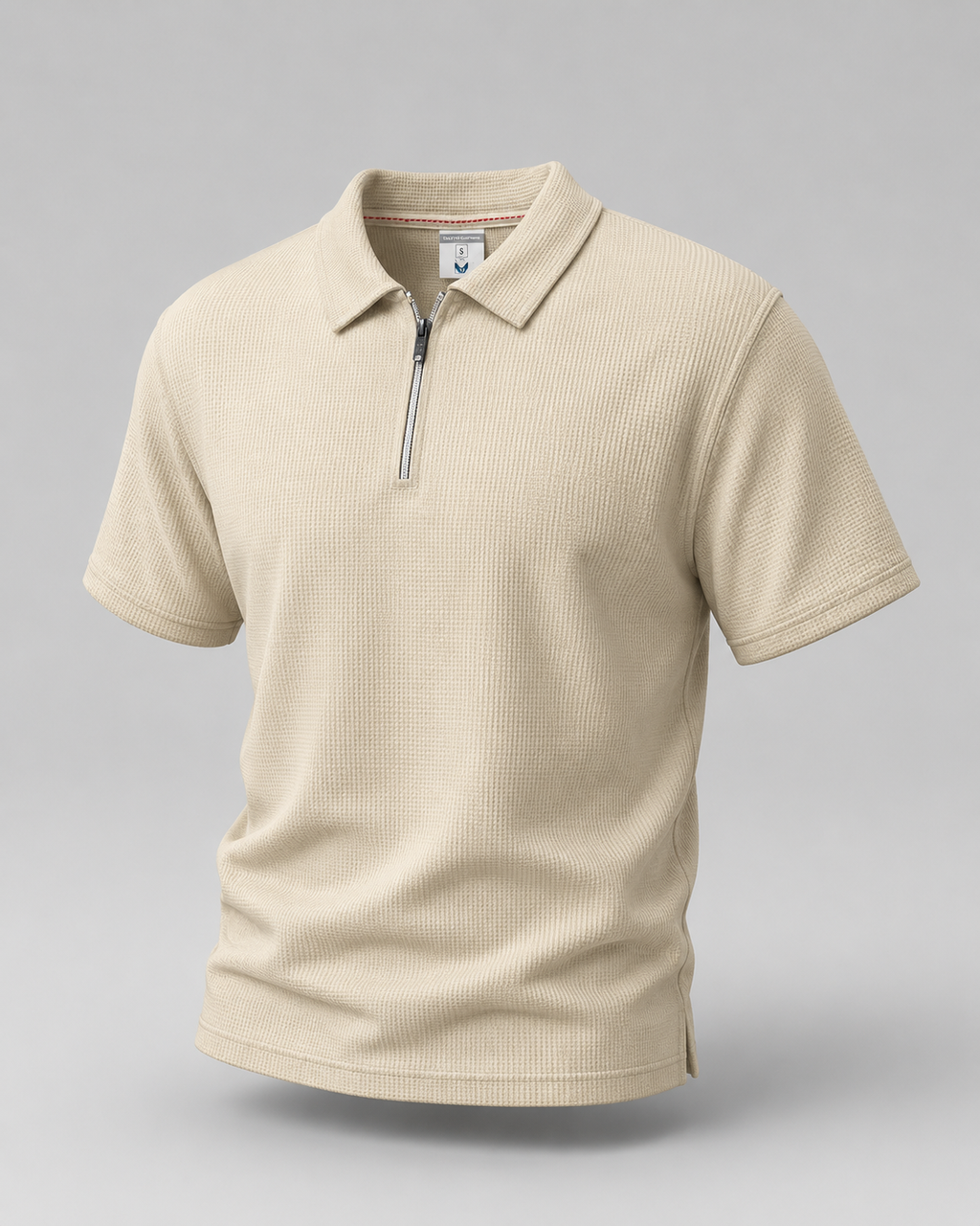Beige Waffle Knit Zipper Polo Shirt