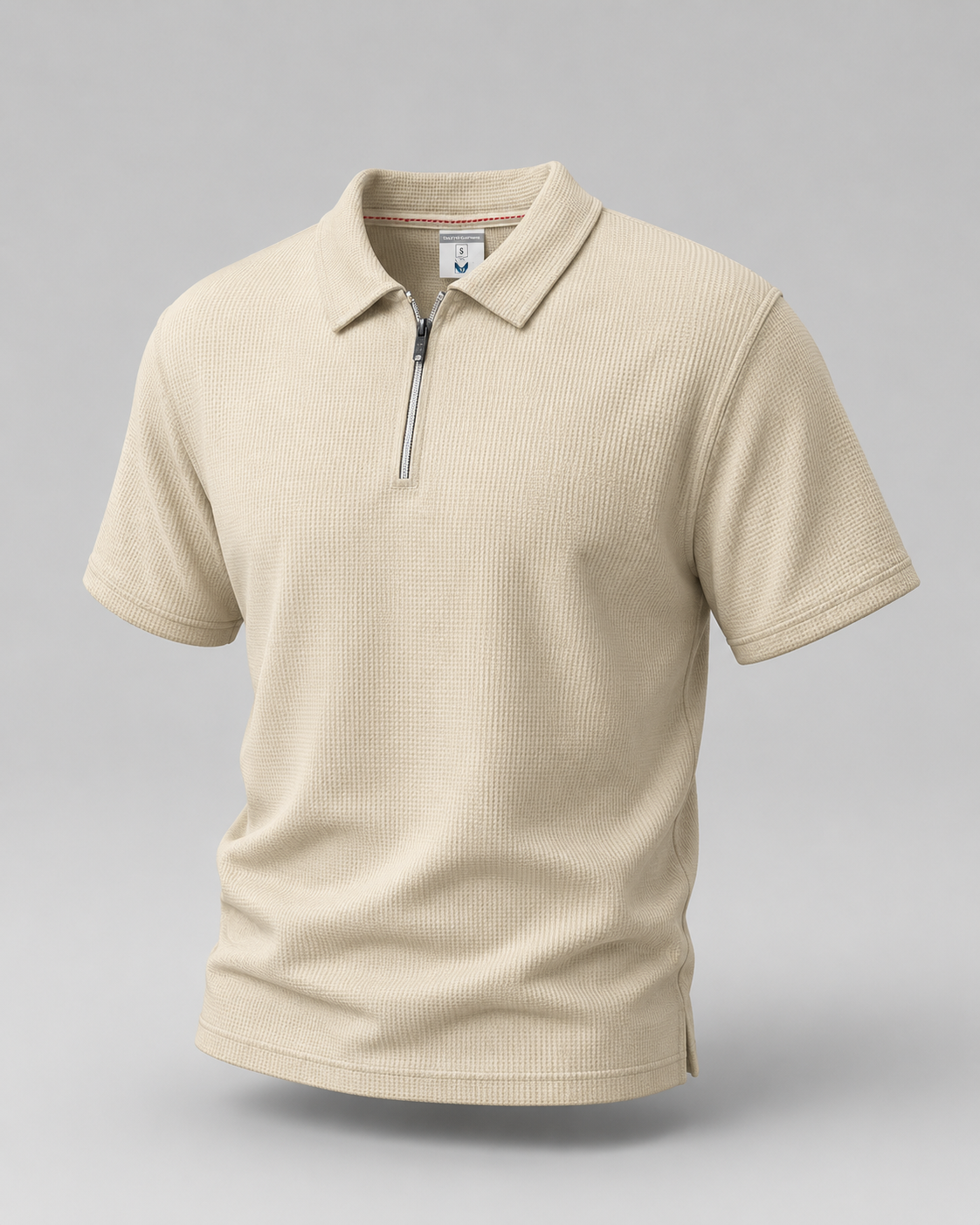 Beige Waffle Knit Zipper Polo Shirt