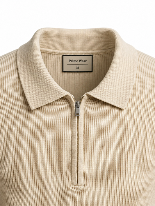Beige Waffle Knit Zipper Polo Shirt