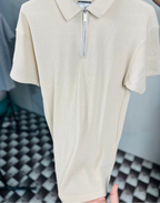 Beige Waffle Knit Zipper Polo Shirt