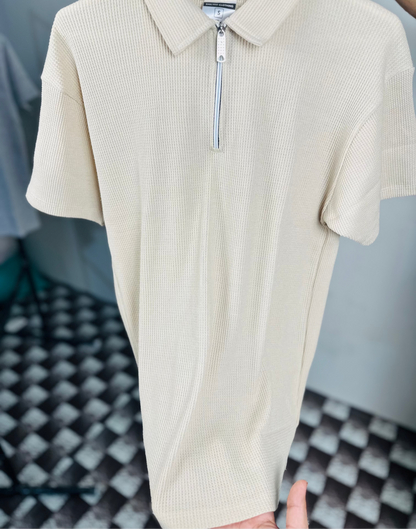 Beige Waffle Knit Zipper Polo Shirt