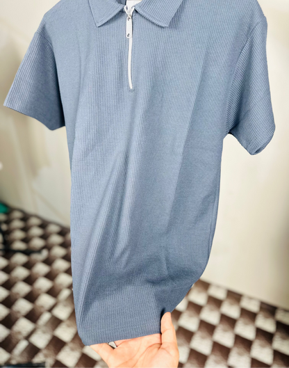 Slate Blue Waffle Knit Zipper Polo Shirt
