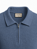 Slate Blue Waffle Knit Zipper Polo Shirt