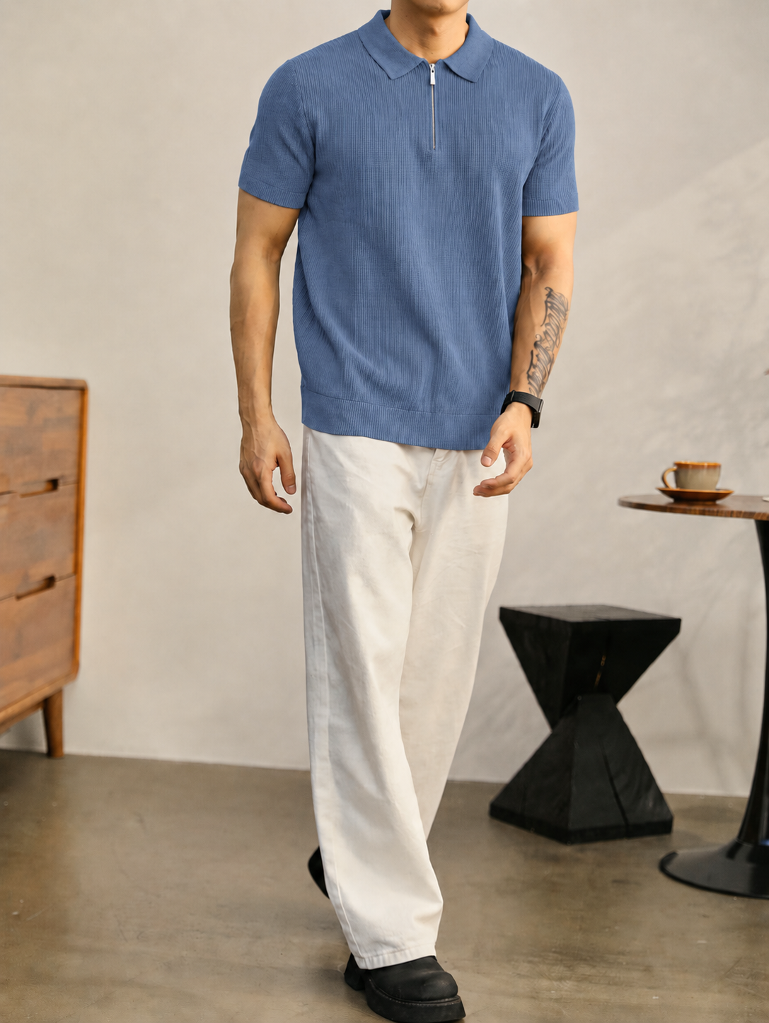 Slate Blue Waffle Knit Zipper Polo Shirt
