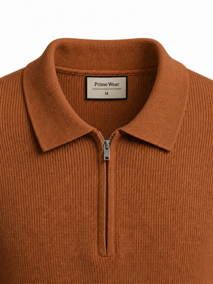 Brown Waffle Knit Zipper Polo Shirt