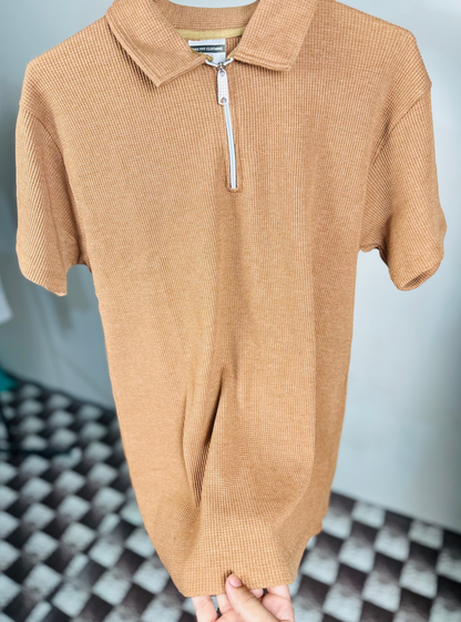 Brown Waffle Knit Zipper Polo Shirt