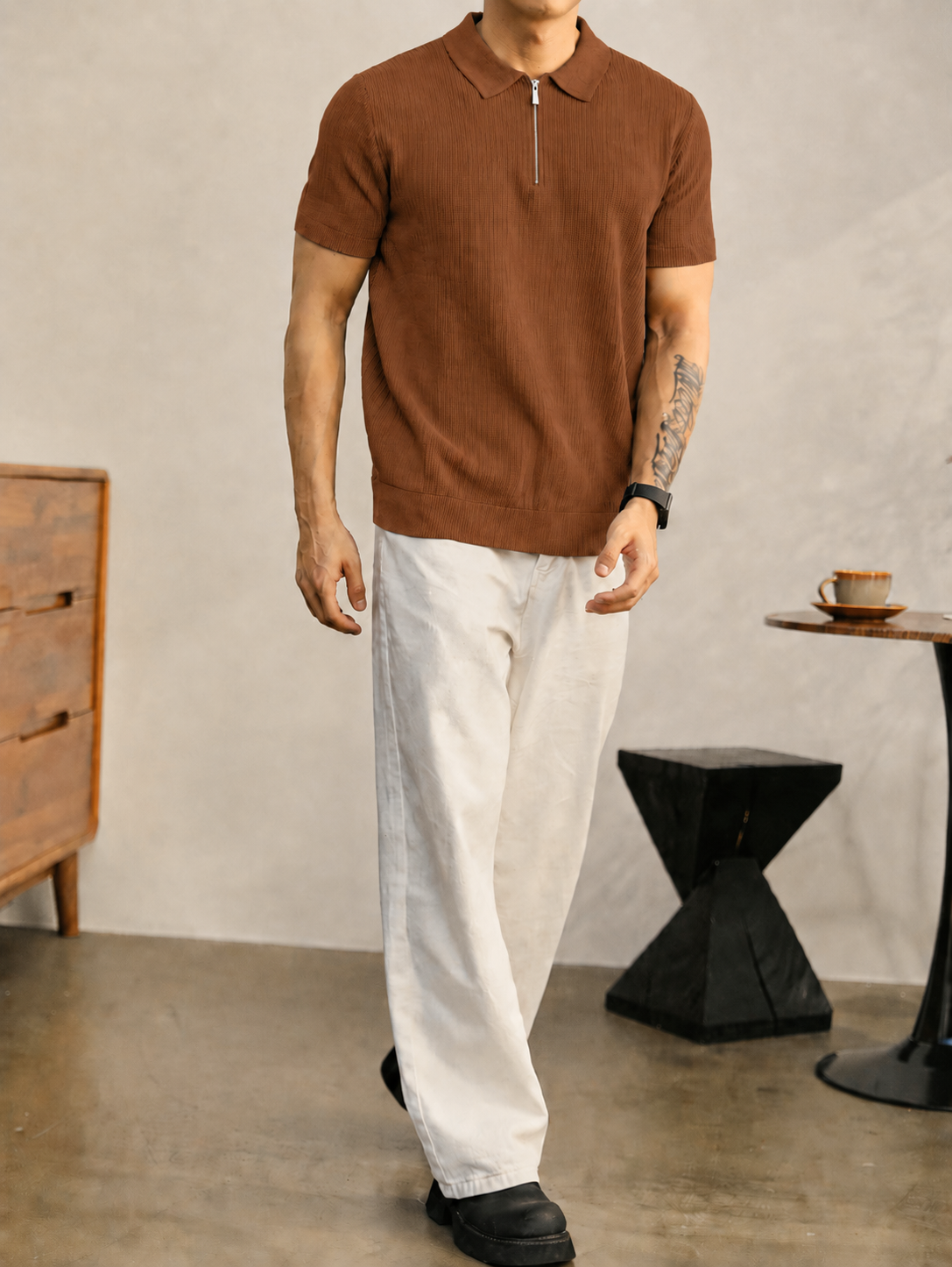 Brown Waffle Knit Zipper Polo Shirt
