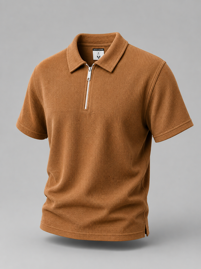 Brown Waffle Knit Zipper Polo Shirt