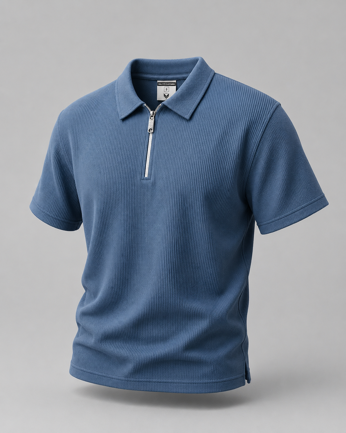 Slate Blue Waffle Knit Zipper Polo Shirt