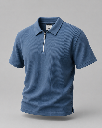 Slate Blue Waffle Knit Zipper Polo Shirt