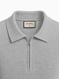 Grey Waffle Knit Zipper Polo Shirt