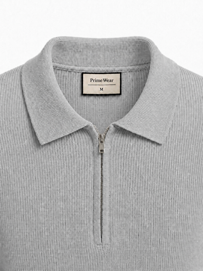 Grey Waffle Knit Zipper Polo Shirt