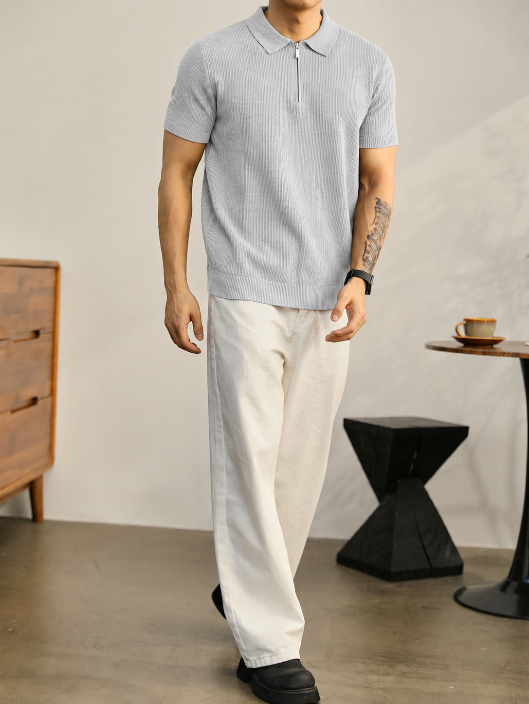Grey Waffle Knit Zipper Polo Shirt