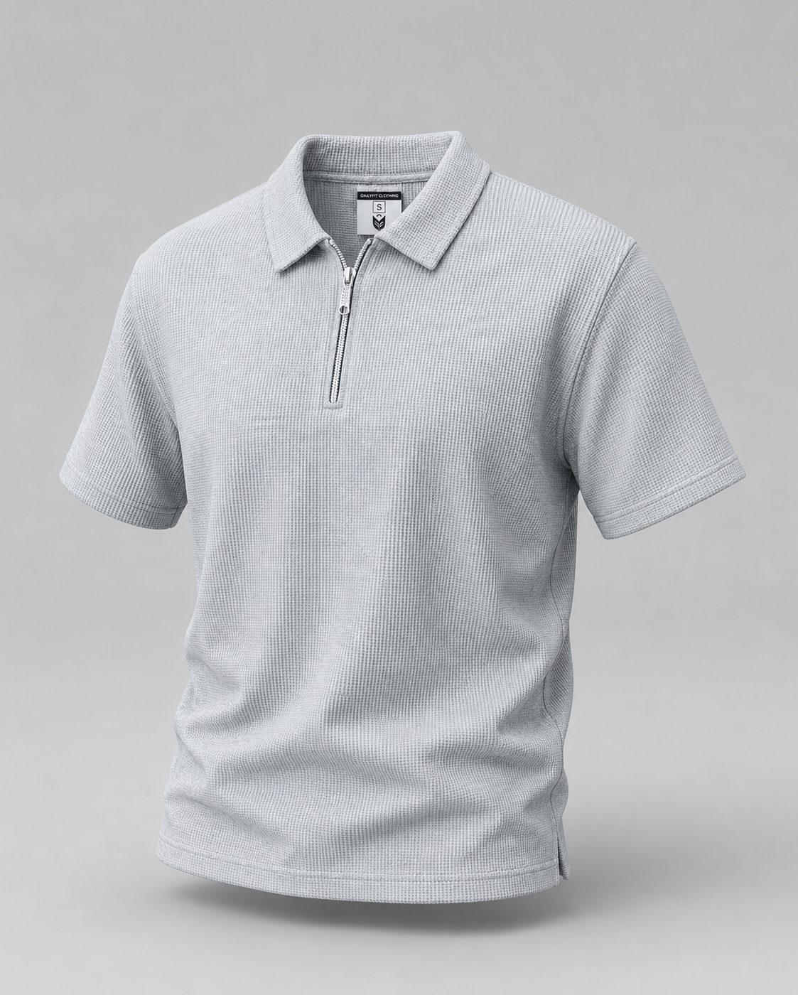 Grey Waffle Knit Zipper Polo Shirt