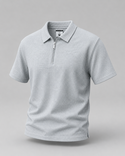 Grey Waffle Knit Zipper Polo Shirt