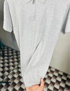 Grey Waffle Knit Zipper Polo Shirt