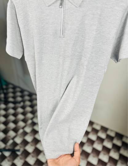 Grey Waffle Knit Zipper Polo Shirt